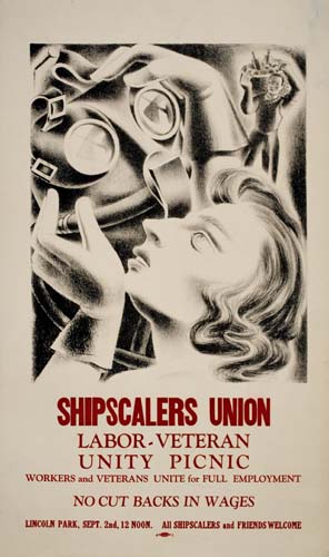 Shipscalers Union, Labor Veteran, Unity Picnic, woman’ s profile, gas mask