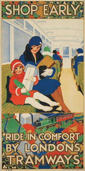Shop Early, Ride in Comfort, London’s Tramways, mother and daughter on publit transit