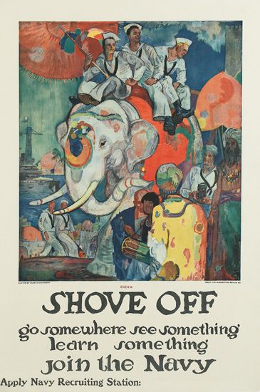 Shove Off, Go Somewhere, See Something, men ride elephants, Navy