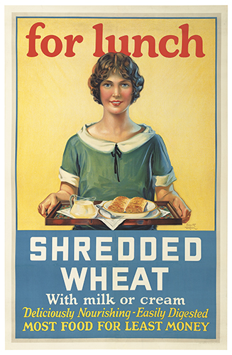 For Lunch, Shredded Wheat with Milk or Cream, woman serves breakfast