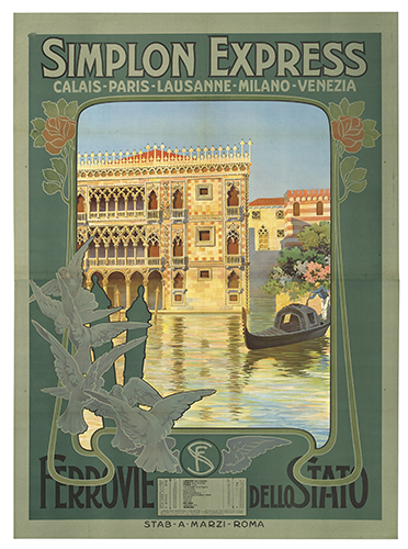 Simplon Express, green poster, stone building