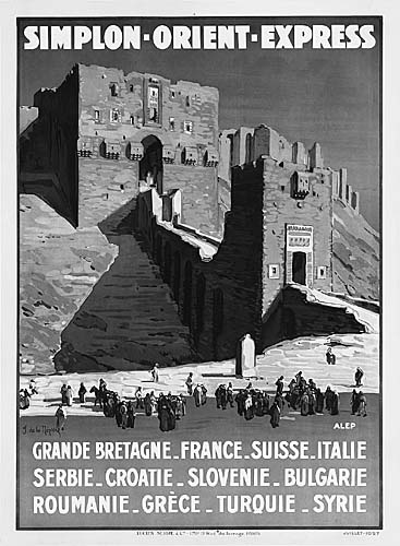 Simplon Orient Express, black and white poster, stone building