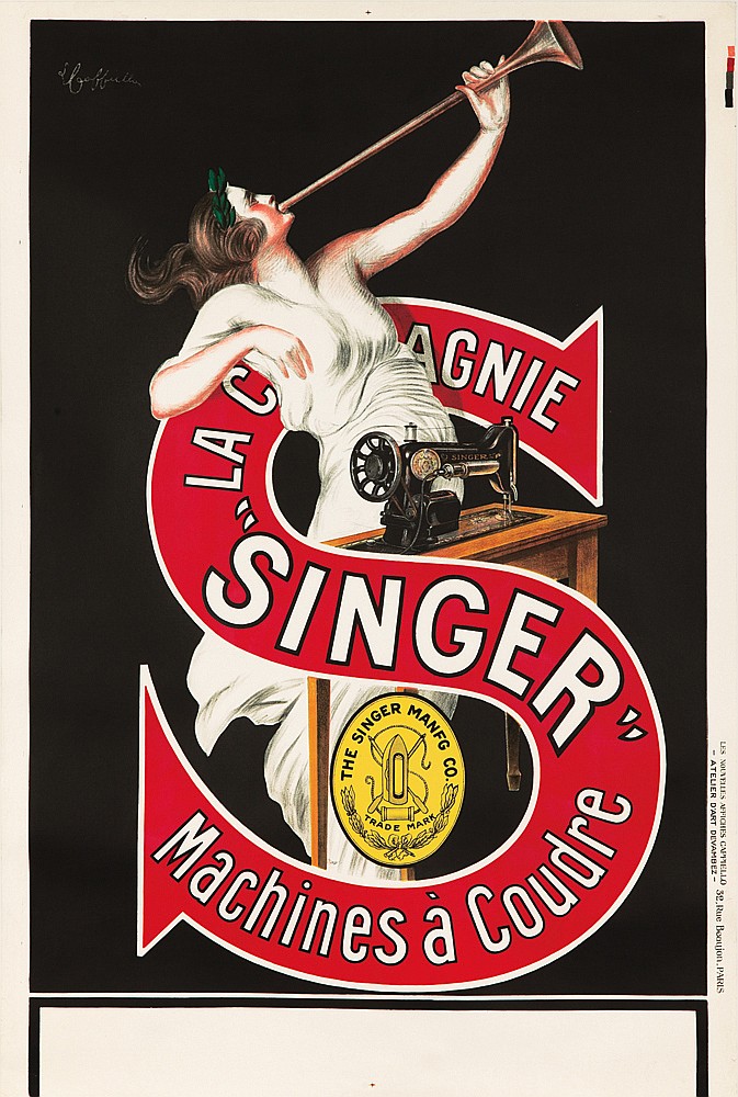 Singer Machines a Coudre, woman in white plays a horn, sewing machine
