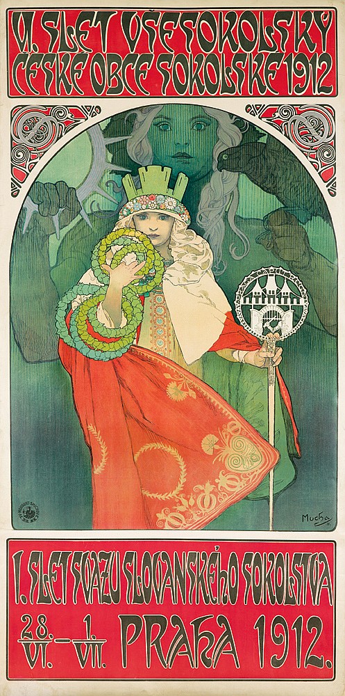 Woman in red with a green crown, Praha