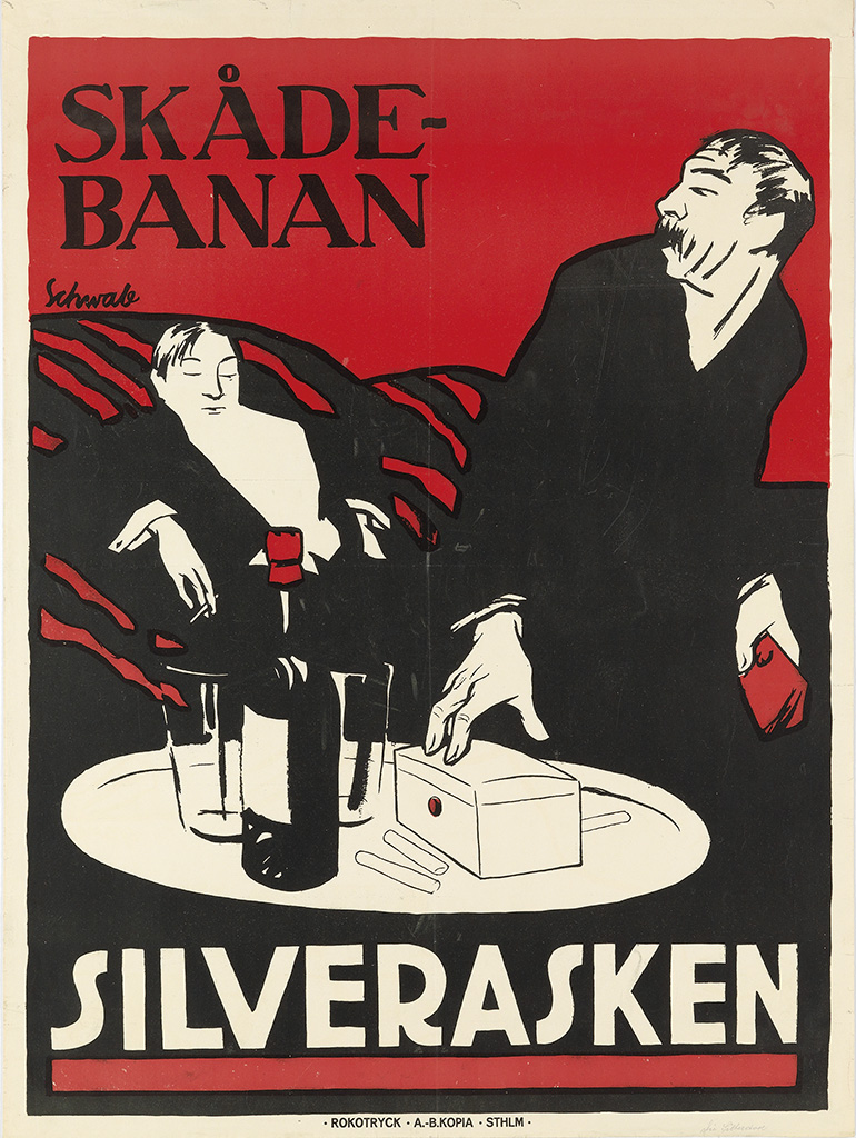Skade Banan Silverasken, red poster, men in suits