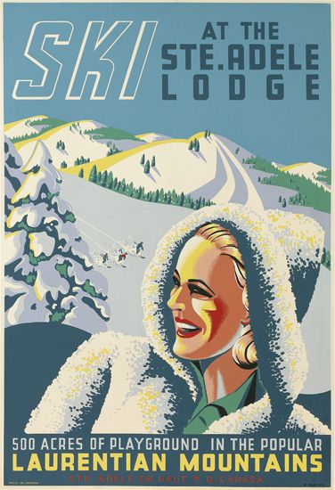Ski at the Ste. Adele Lodge, Laurentian Mountains, woman in white coat