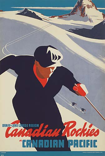 Canadian Rockies, via Canadian Pacific, skier in black