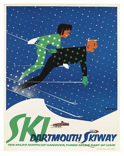 Ski Dartmouth Skiway, blue poster, skiers in black and green