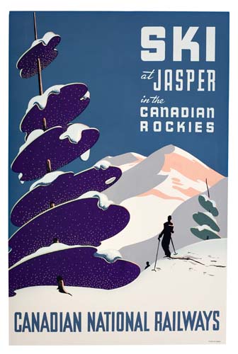 Ski at Jasper in the Canadian Rockies, Canadian National Railways, blue poster