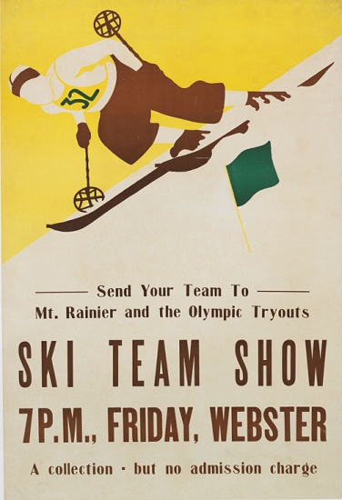 Ski Team Show, yellow poster, skier