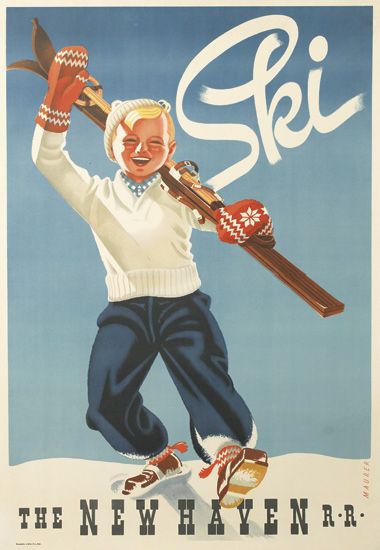 Ski, The New Haven RR, blue poster, boy skiing