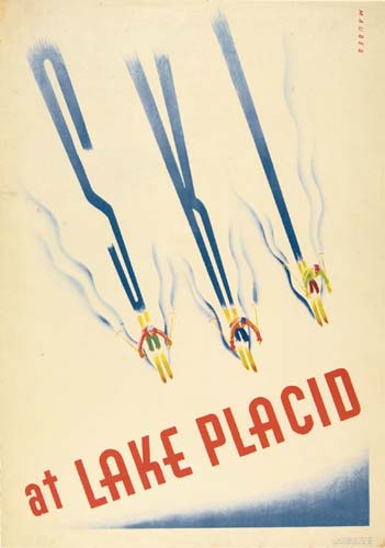 Ski at Lake Placid, three skiers in yellow