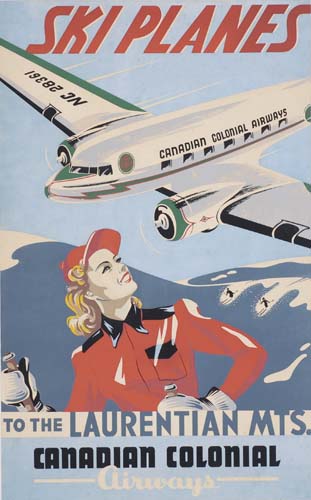 Ski Planes to the Laurentian Mountains, Canadian Colonial Airways, flight attendant in red