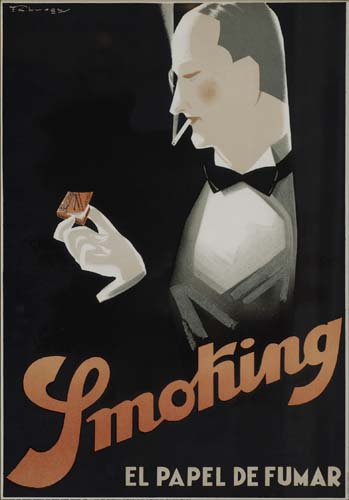 Smoking El Papel de Fumar, black poster, man in a suit smoking