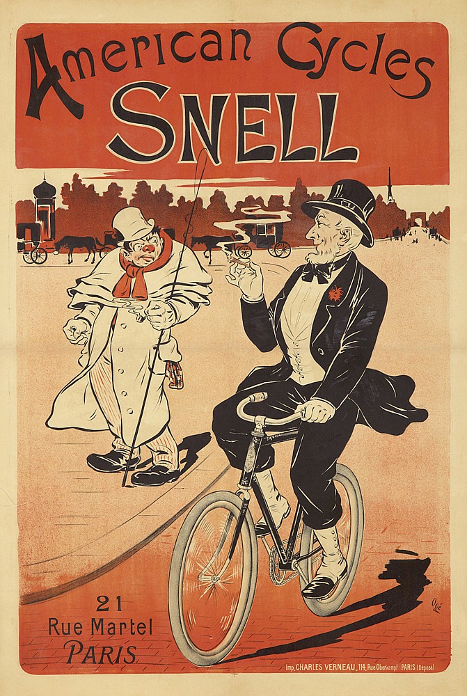 American Cycles Snell, red poster, man in suit on a bicycle
