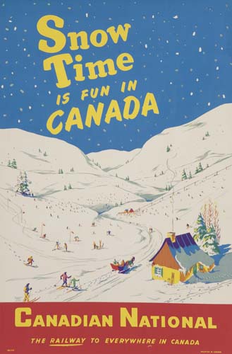 Snow Time In Canada, Canadian National Railway, skiers on a hill