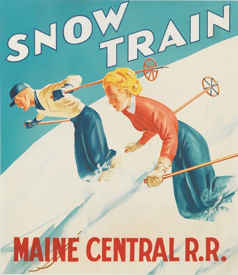 Snow Train Maine Central Railroad, couple skis down a hill