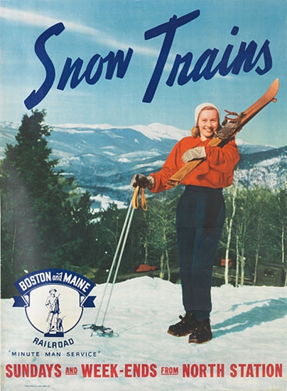 Snow Trains Sundays and Week Ends, woman in red skiing