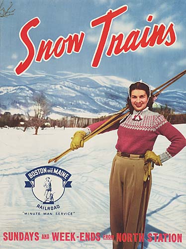 Snow Trains, Sundays and Week Ends, woman in pink skiing