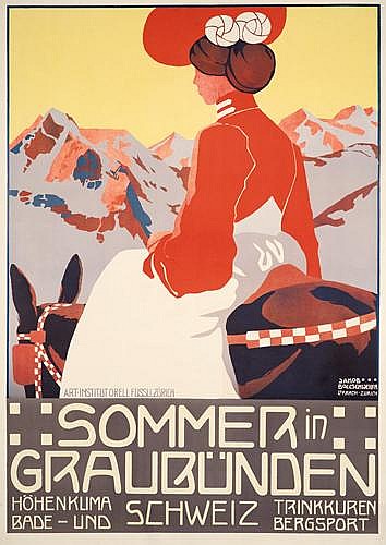 Sommer in Graubunden, woman in red and white on a donkey