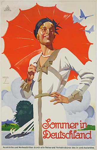 Sommer in Deutschland, woman in white with a red umbrella