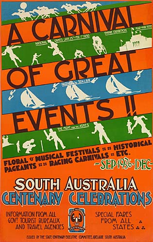 A Carnival of Great Events, South Australia Centenary Celebrations, orange poster
