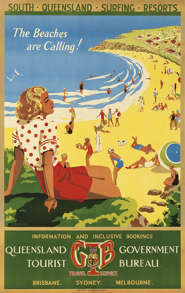 South Queensland Surfing Resorts, Queensland Government Tourist Bureau, woman in polka dots