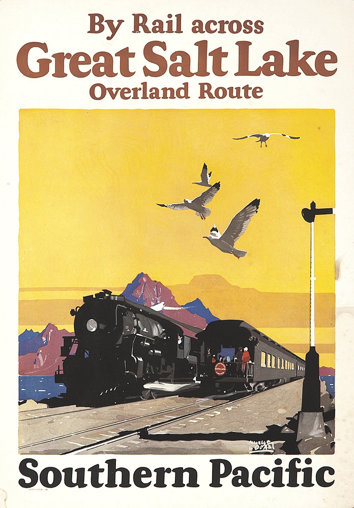 By Rail Across Great Salt Lake, Overland Route, sunset, black train