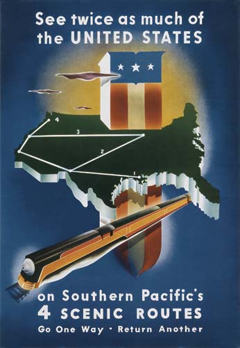 Southern Pacific’s 4 Scenic Routes, United States, blue poster