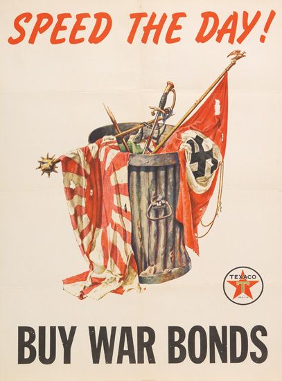 Speed the Day, Buy War Bonds, flags in the trash can
