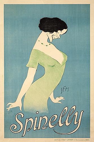 Spinelly, blue poster, woman in green