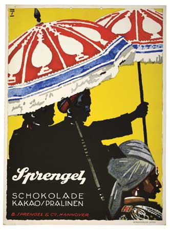 Sprengel Schokolade, yellow poster, umbrellas