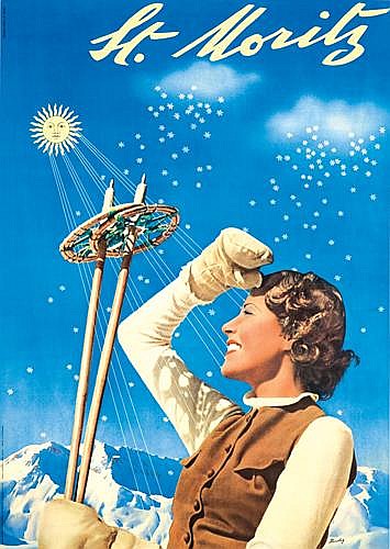 St, Moritz, woman skiing, blue poster