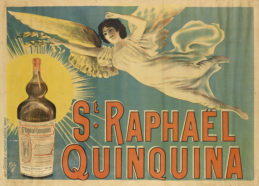 St. Raphael Quinquina, angel in white, bottle of alcohol