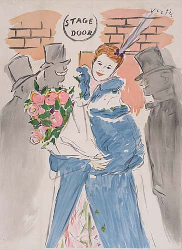 Stage Door, woman in blue holds flowers