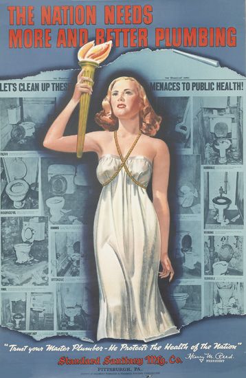 Standard Sanitary, woman in white holds torch, The Nation Needs More and Better Plumbing, blue poster
