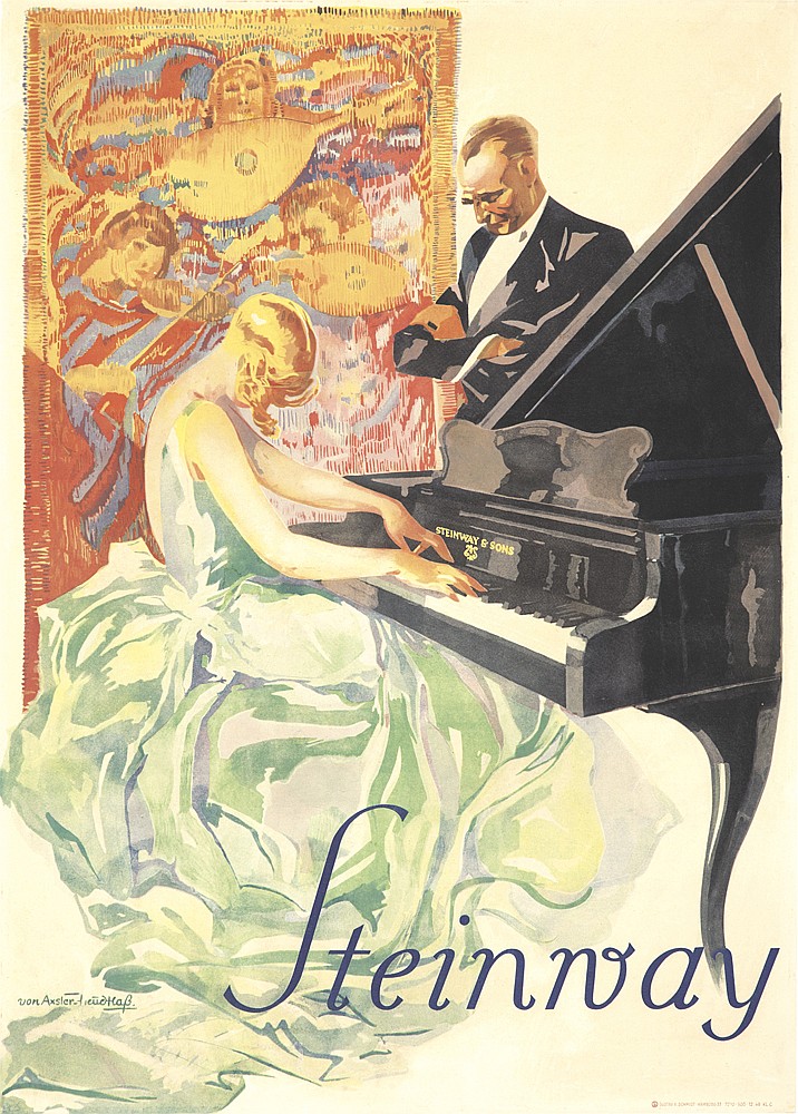 Steinway, woman in white plays piano