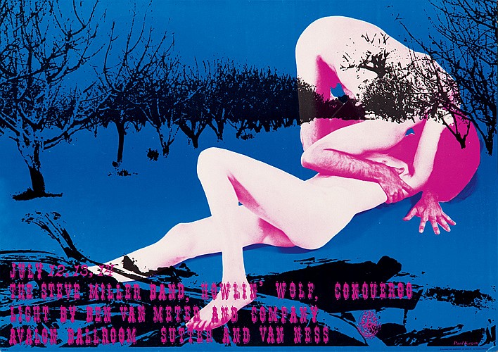 Blue poster, nude couple, bare trees