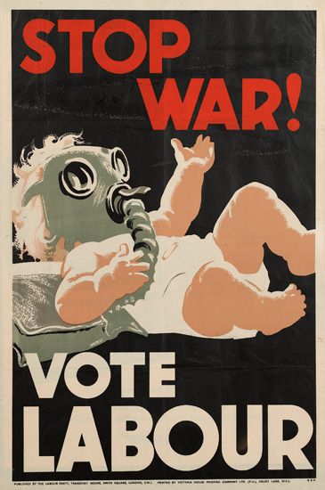 Stop War! Vote Labour, baby in a gas mask