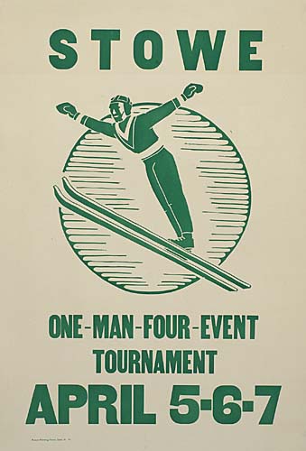 Stowe One Man Four Event Tournament, green and white poster, ski jump