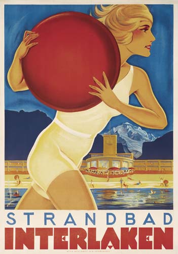 Strandbad, woman with red ball, Interlaken