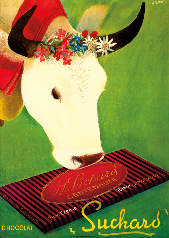 Suchard Chocolat, green poster, cow