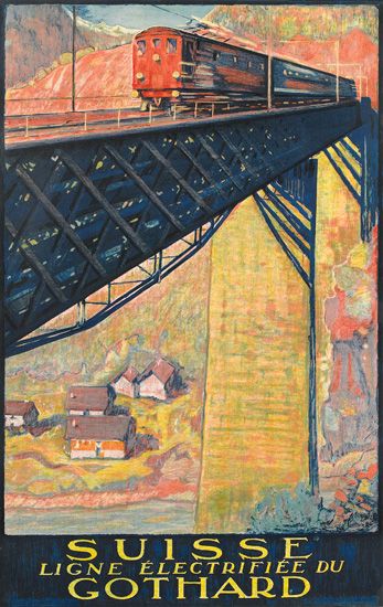 Suisse Ligne Electrifiee du Gothard, red train on the bridge