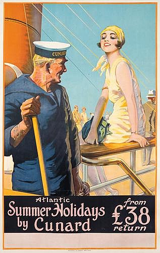 Summer Holidays by Cunard, whip, woman in yellow, sailor in blue