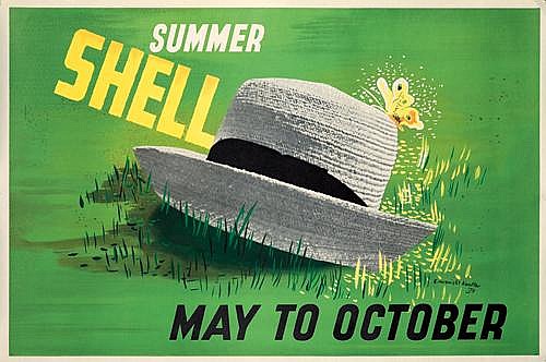Summer Shell, May to October, grey hat, green grass