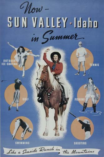 Now Sun Valley Idaho in Summer, blue poster, woman on a horse