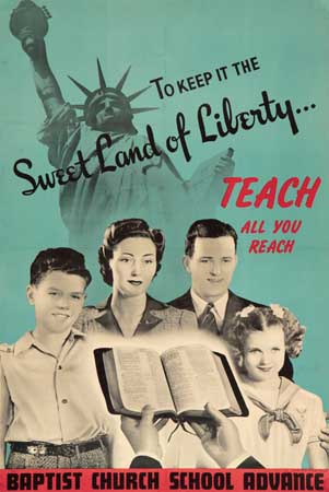 Sweet Land of Liberty, Baptist Church School Advance, blue poster