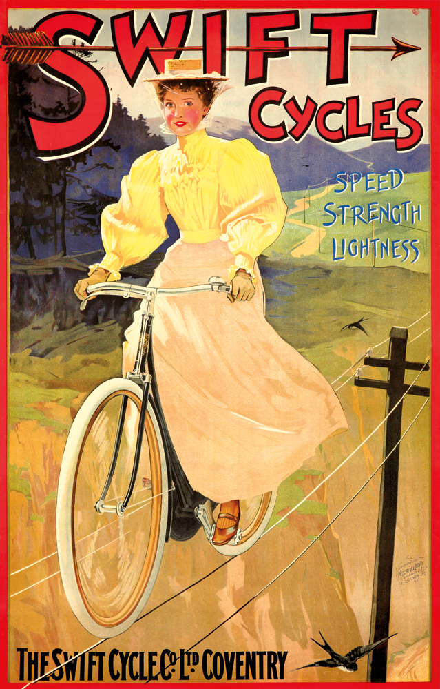Swift Cycles, woman in yellow rides bicycle, power line