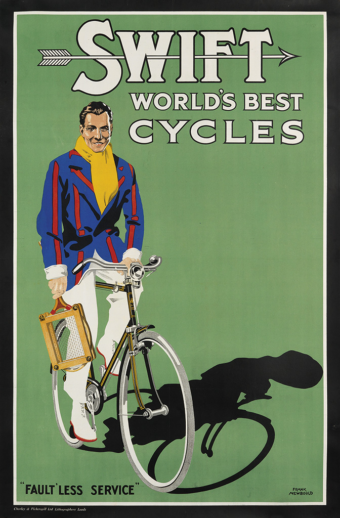 Swift World’s Best Cycles, Green poster, man in blue on bicycle