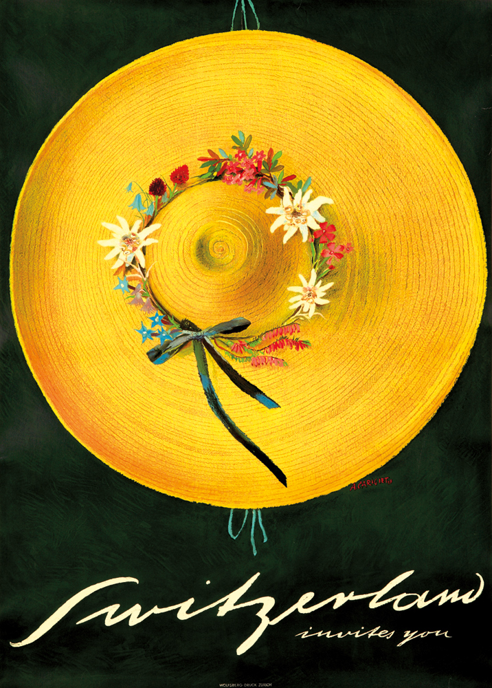 Switzerland Invites You, yellow hat, black poster